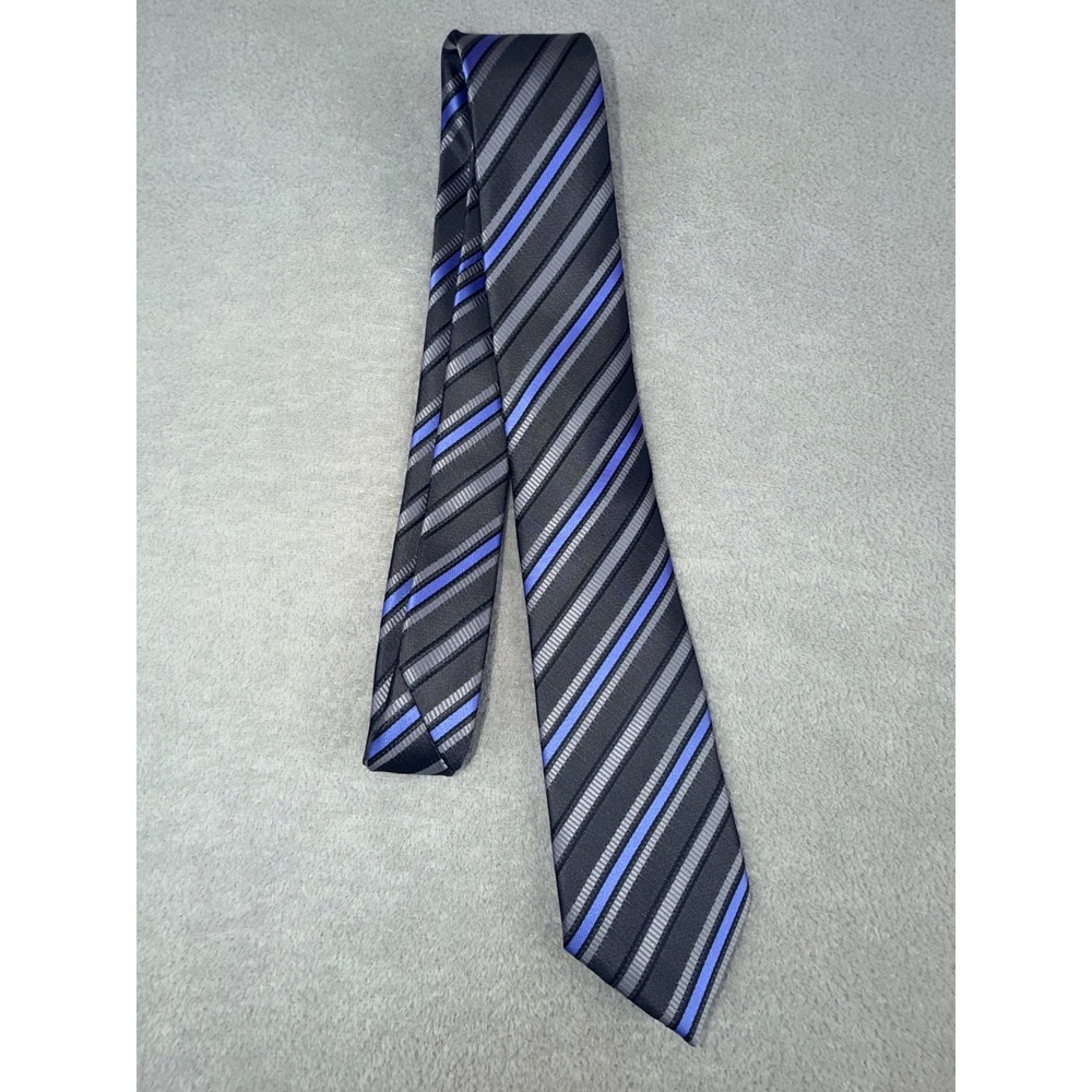 Versa Collezioni Mens Blue Grey Black Striped Necktie Handmade Polyester Tie